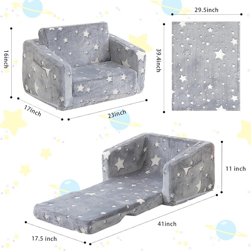 Kisdsa Kids Couch Fold Out, Foldable Toddler Couch with Blanket, Kids Sofa for Girls & Boys, Flip Out Toddler Chair, Convertible Sofa Gift for Children Age 1-3 (Glow Star) - Image 3
